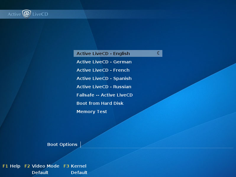Active@ LiveCD: move a cursor to Boot from Hard Disk and press Enter