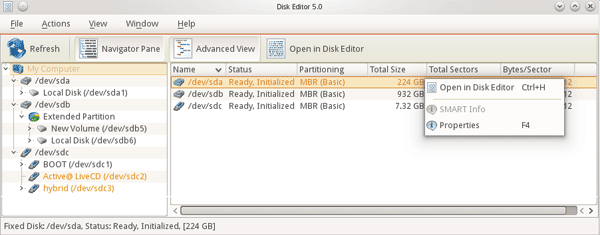 Active@ Disk Editor. Right click on a device or a logical drive to select it