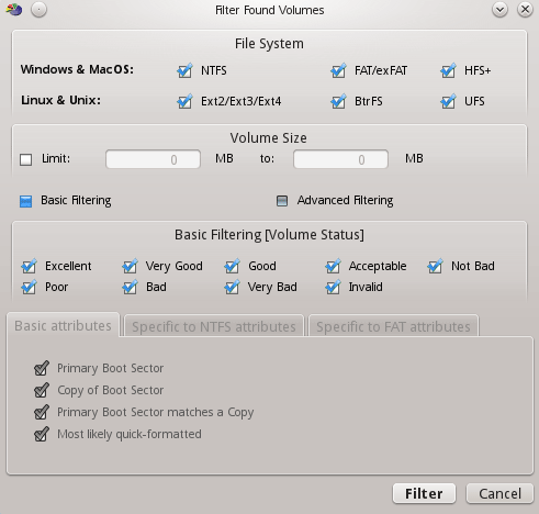 The Filter Found Partitions dialog box appears